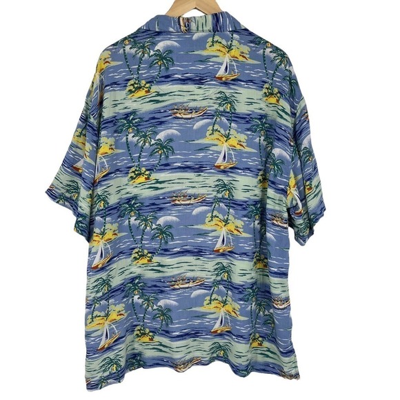 Utility Hawaiian Shirt Colorful Ocean Beach Boat Blue Green XL - Picture 2 of 6